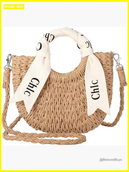 Handbags - Woven Straw Crossbody Bag - Beach Purse with Ribbon & Drawstring
